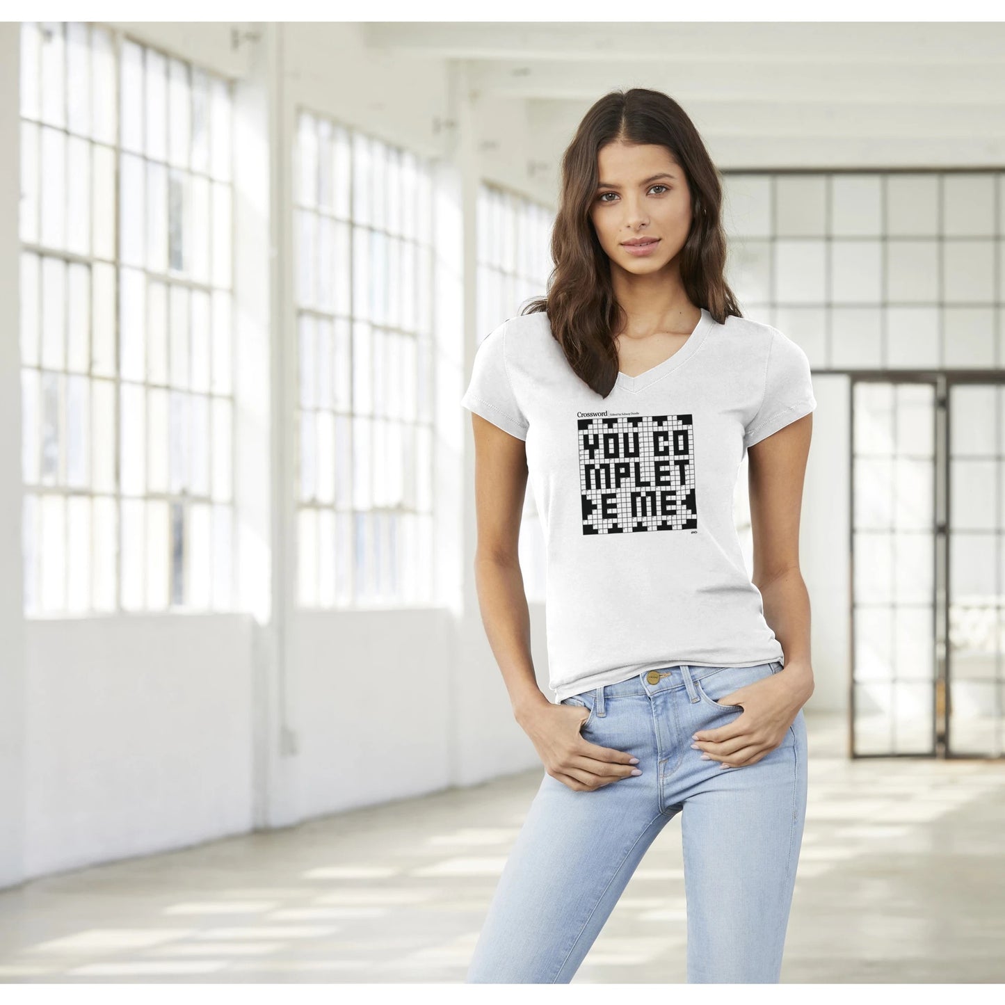 A woman models the You Complete Me Crossword Puzzle V-Neck T-shirt
