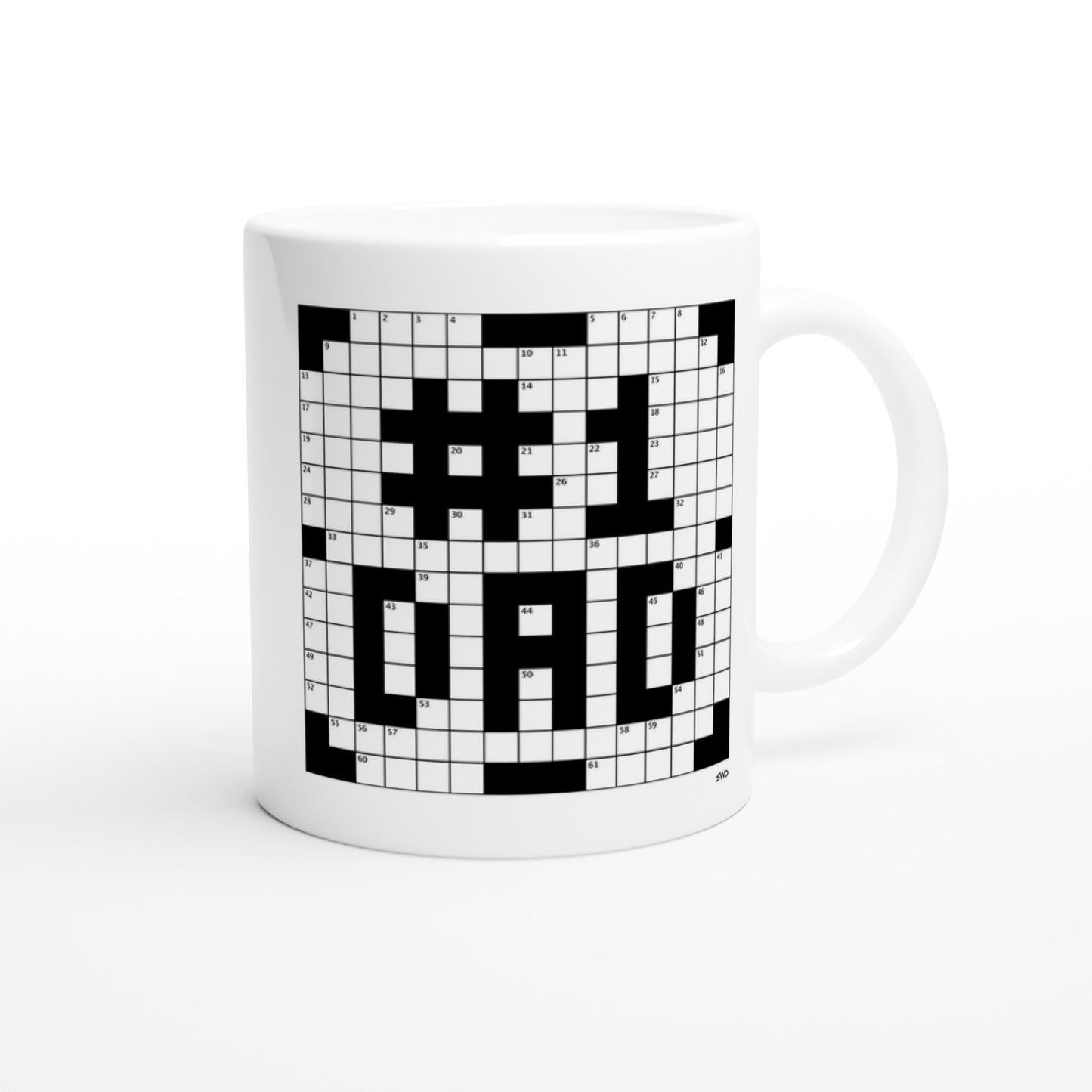 Back side of a white coffee mug with a crossword themed graphic that reads #1 DAD.