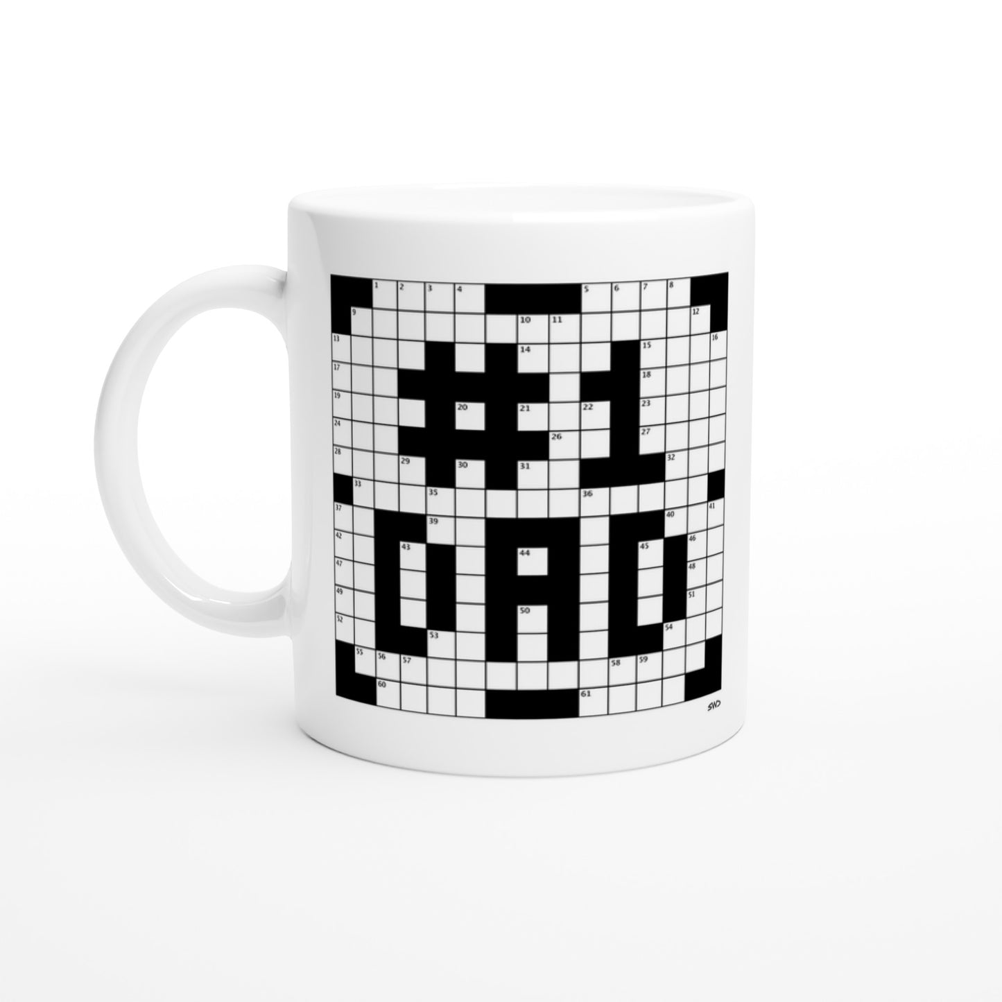 A white coffee mug with a crossword themed graphic that reads #1 DAD.