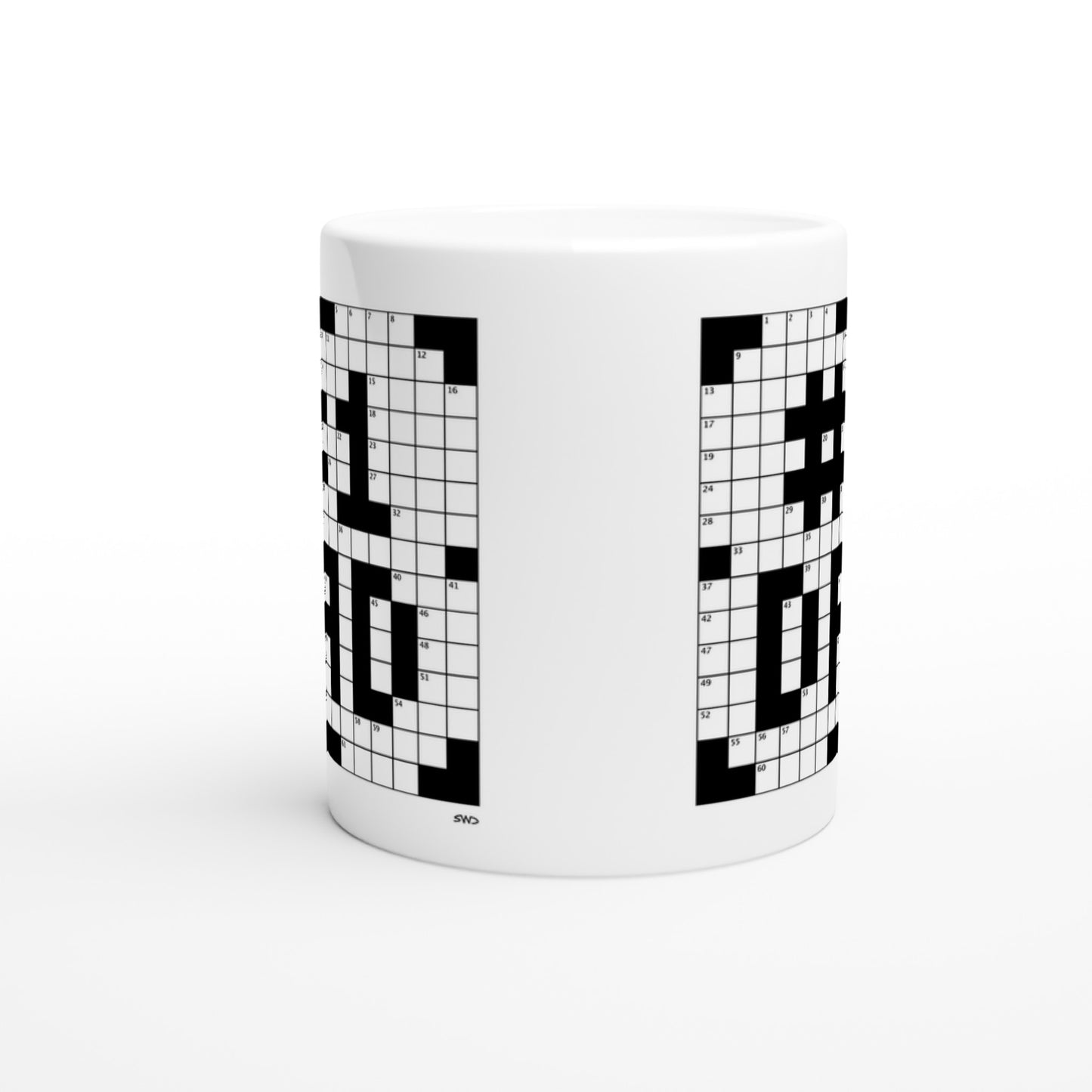 Side view of a white coffee mug with a crossword themed graphic that reads #1 DAD.