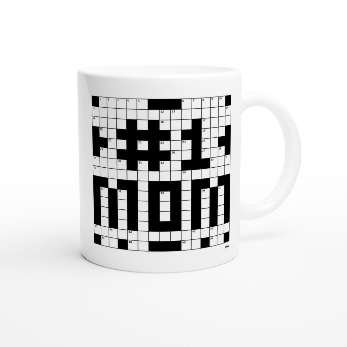 Back side of a white coffee or tea mug with a crossword themed graphic that reads #1 MOM.