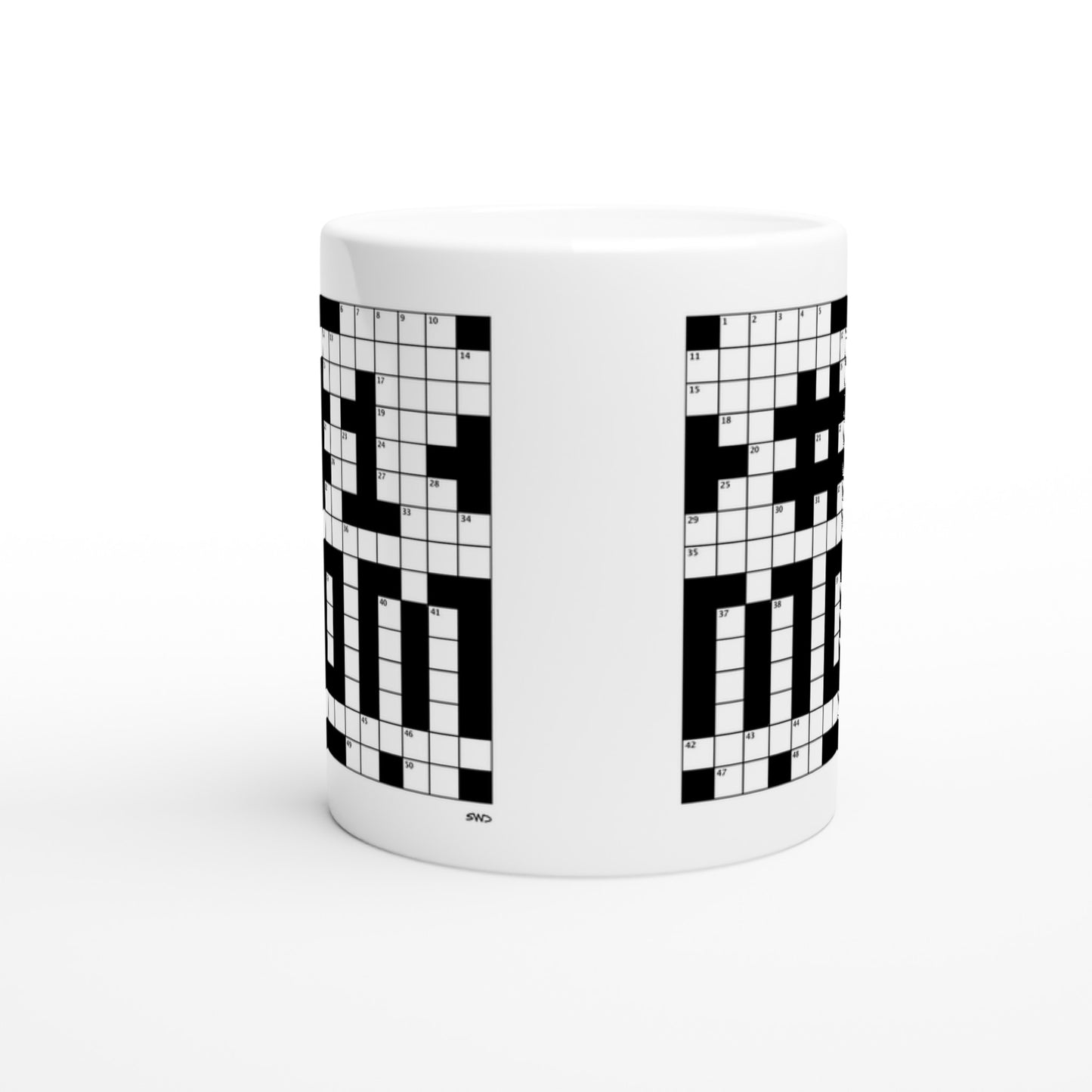Side view of a white mug with a crossword puzzle themed graphic that reads #1 MOM