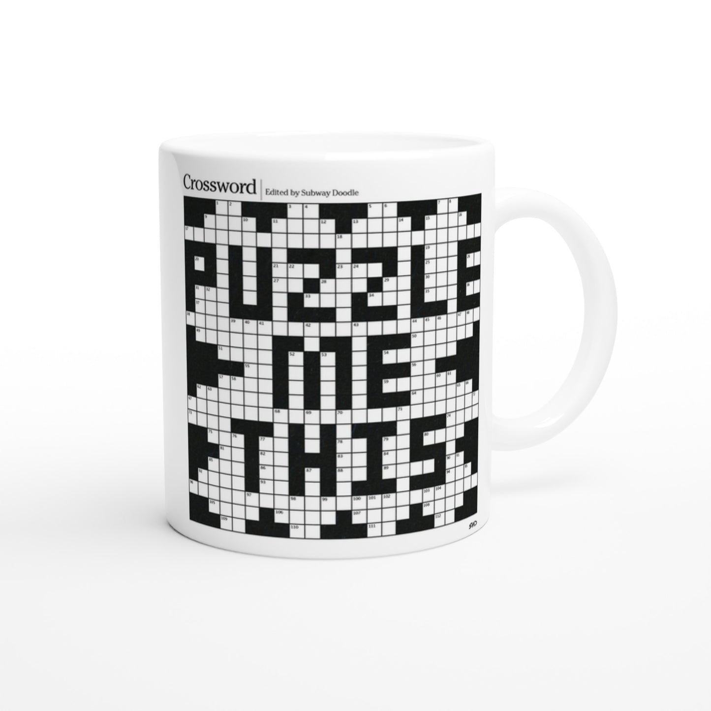 The other side of the Puzzle Me This crossword puzzle mug.