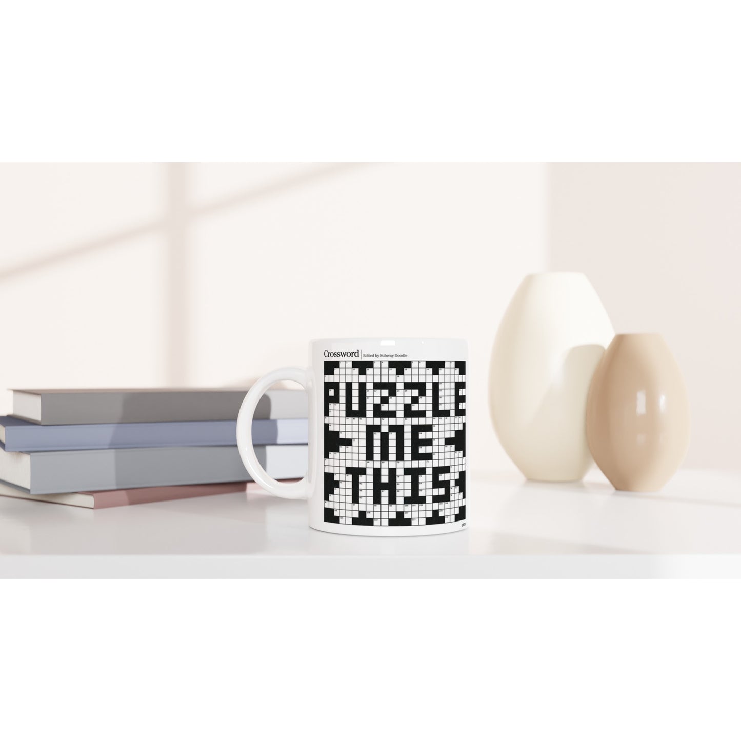 Puzzle Me This crossword puzzle mug on a table.