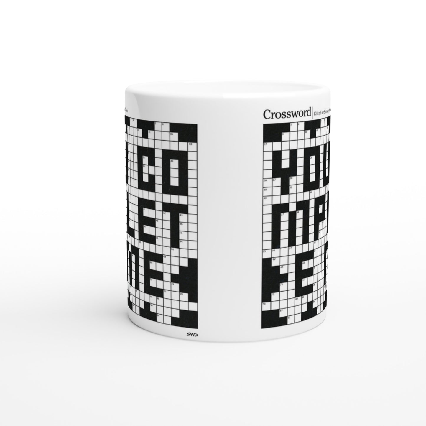 Side view of a white mug with a crossword puzzle graphic that reads YOU COMPLETE ME.
