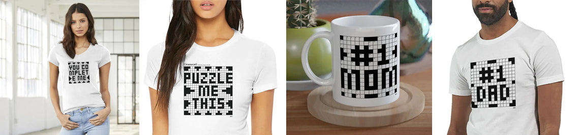 A montage of crossword puzzle themed t-shirts and mugs.