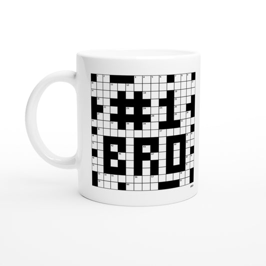 A white coffee or tea mug with a crossword puzzle graphic that reads #1 Brother