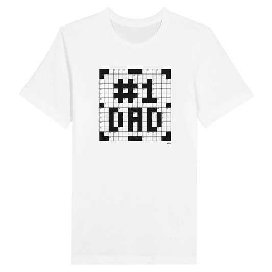 A white t-shirt with a crossword themed graphic that reads #1 DAD. 