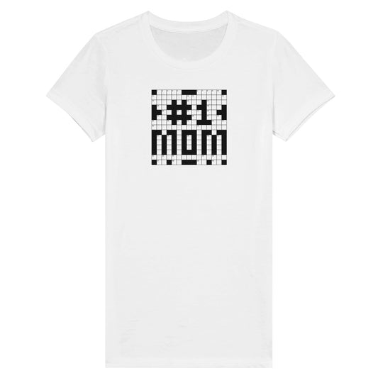 A product shot of a white t-shirt with crossword puzzle themed graphic that reads Number One Mom.